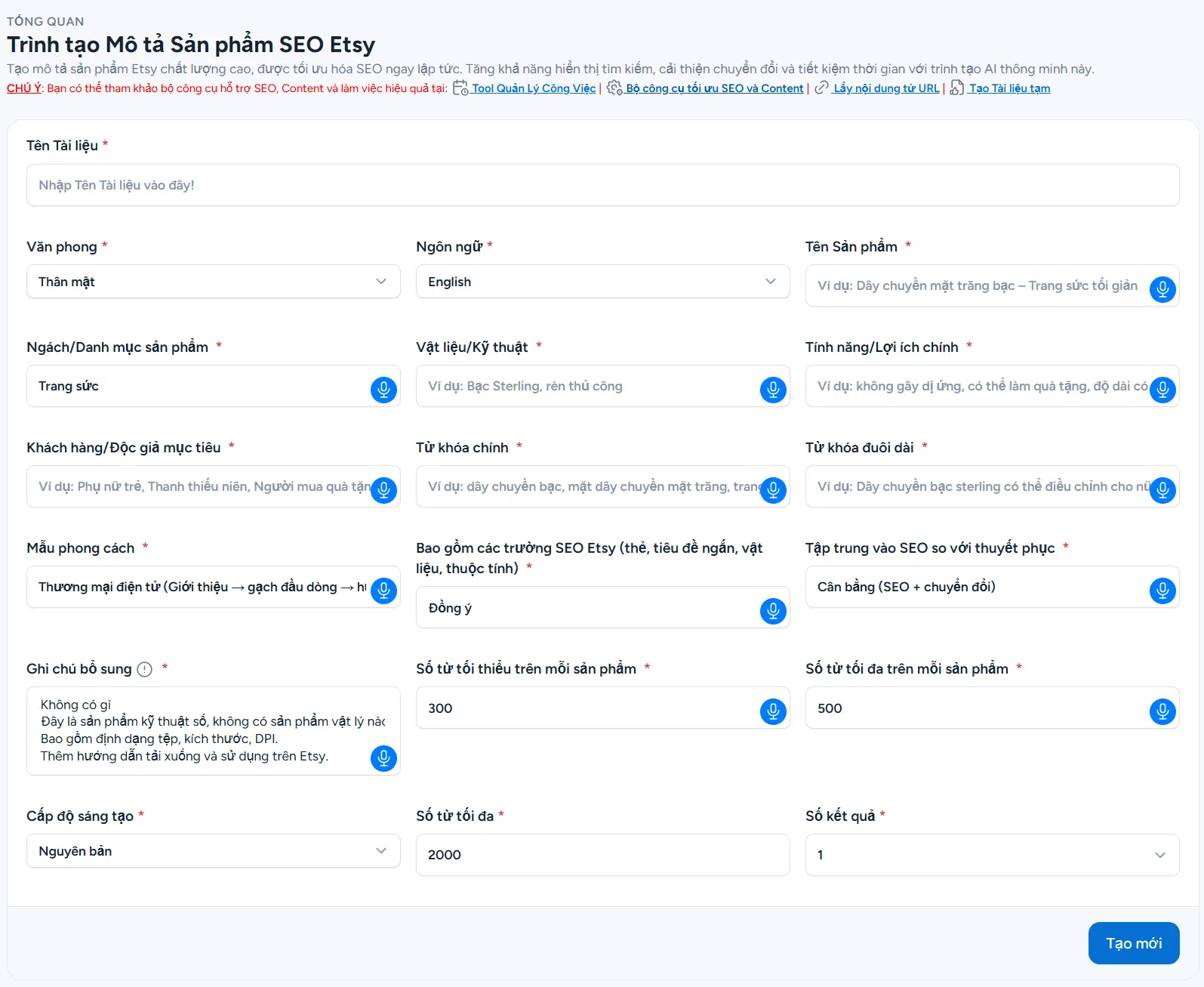 Trình tạo Mô tả Sản phẩm SEO Etsy